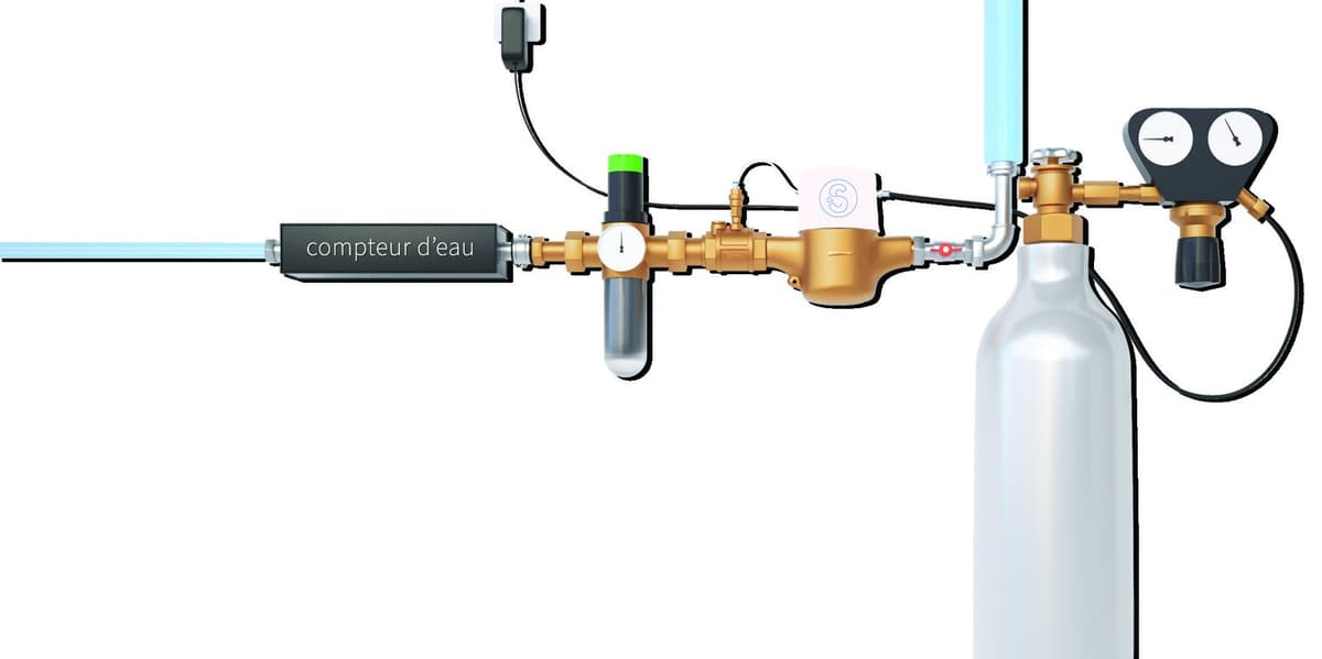 Ligne d'eau SoluCalc : compteur, régulateur de pression, injecteur et bouteille de CO₂