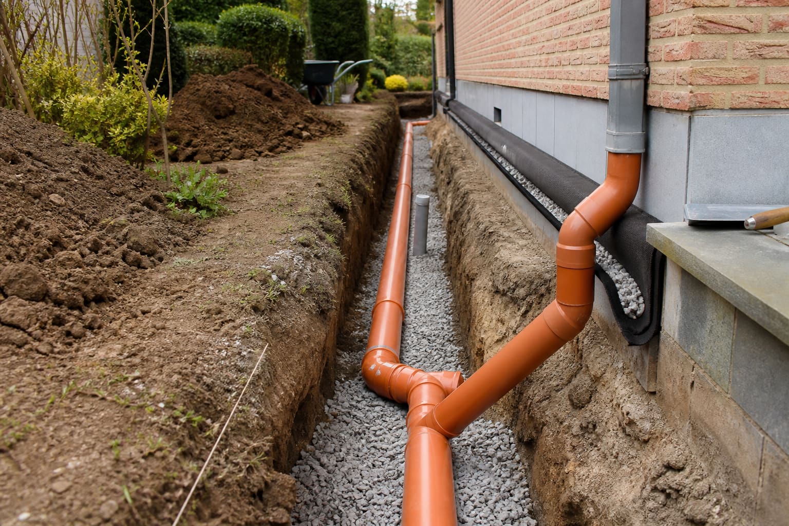 Pose de canalisations d'égoutage en PVC avec pente contrôlée
